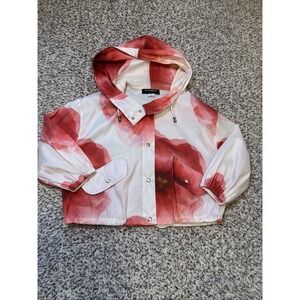 Mycra Pac Hooded Raincoat Jacket White Pink Floral Size 1( S-M) USA 3/4 Sleeve